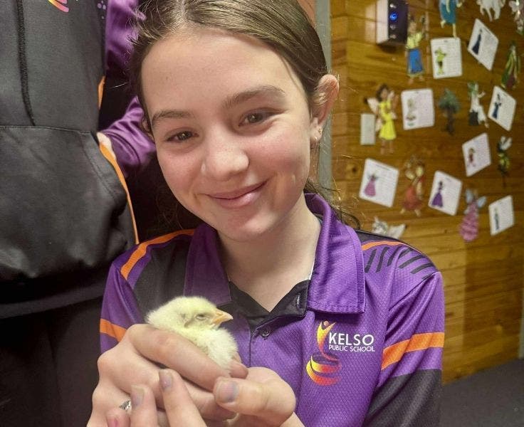 Photo of female KPS student with newly hatched chicken
